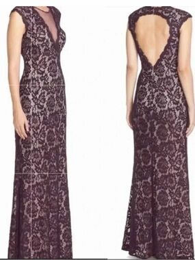 Betsy & Adam Deep V Illusion Neckline Purple Lace Evening Gown